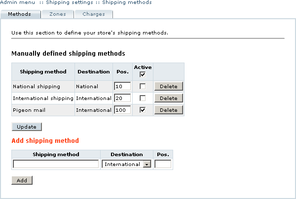 Figure 3-26: Predefined shipping methods deactivated