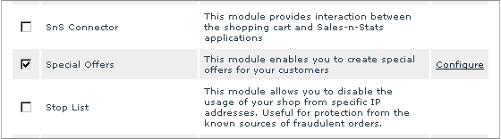  Figure 1. X-Cart admin area, ‘Modules’ section: enabling X-SpecialOffers.