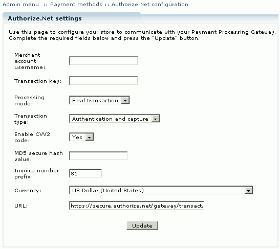  Authorize.Net module configuration page