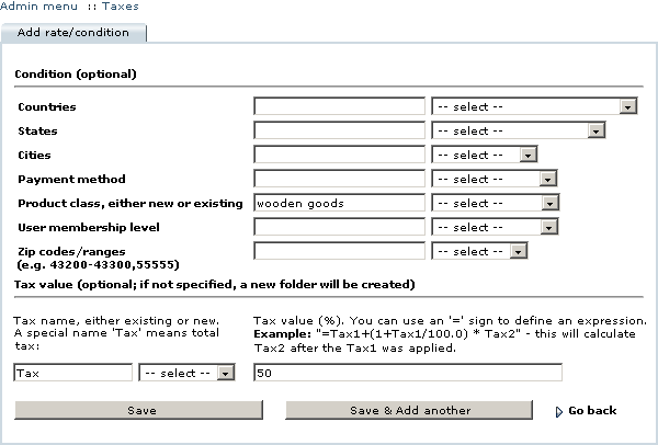 Figure 3-41: Adding a new tax condition/rate definition