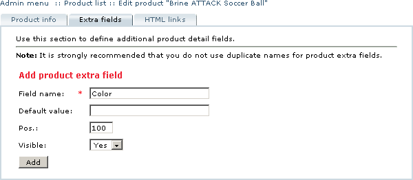 Figure 5-24: Adding new product-specific extra field