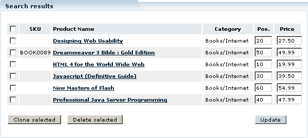 Figure 5-17: Setting lower prices for two most expensive books and adjusting position values of books according to their prices