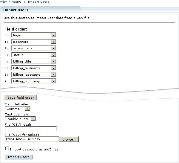 Figure 5-7: Importing a list of users from a CSV file