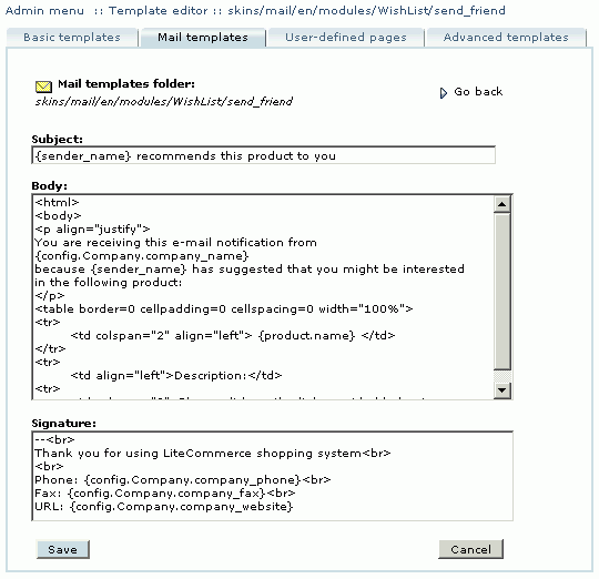  Modifying default e-mail messages of  the WishList module using Template editor