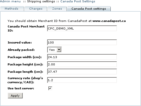  Figure 3: Configuring CanadaPost module settings