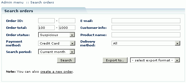   Figure 7: Modified order search form with sample search parameters