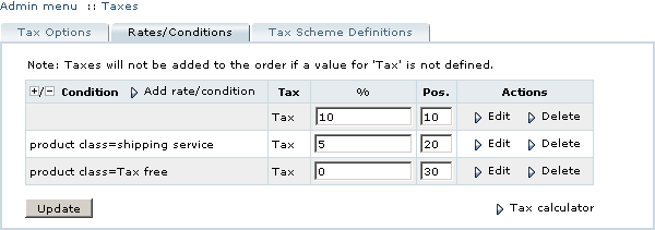 Figure 3-40: Rates/Conditions page with original tax definitions