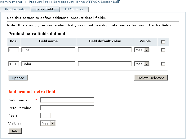 Figure 5-25: Managing product-specific extra fields