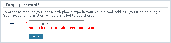 Figure 6-14: Message displayed in case the specified e-mail address cannot be found in the database
