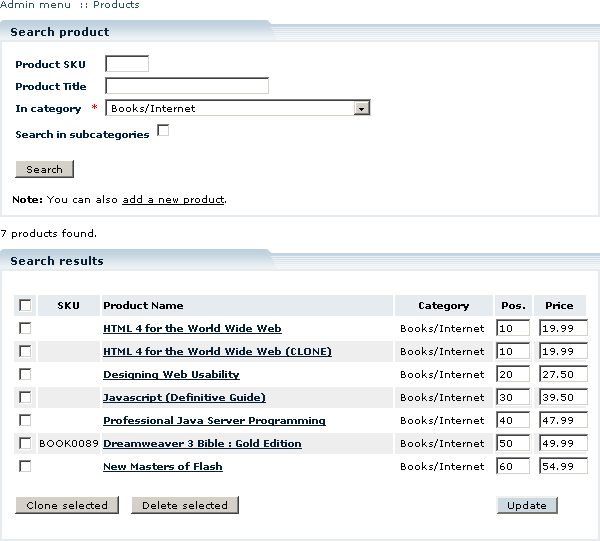 Figure 5-22: Search results with one of the products cloned